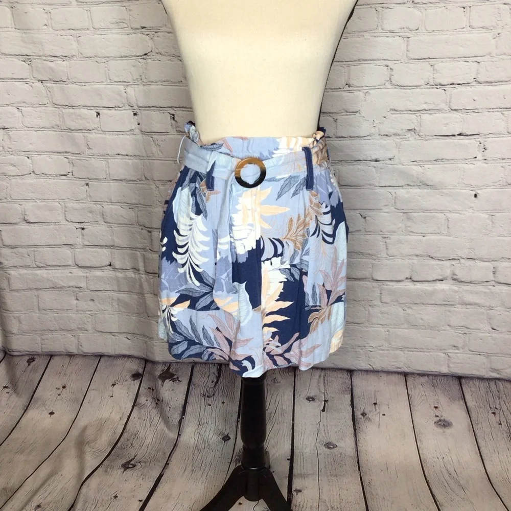Aeropostale Blue Tan Leaf Print Paperbag Belted Skirt Small